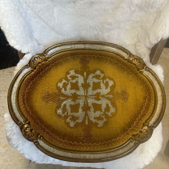 Vintage Tray / Wall Decor Made in Florence Italy Floral Cross Gold  Plated - Picture 1 of 8